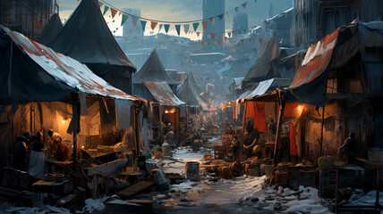 ancient City with tents and garbage. Homeless beggars everywhere. Generative AI  - obrazy, fototapety, plakaty