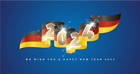 New Year 2024 concept design template with golden glitter 2024 front on Germany wavy flag ribbon. Sparkle firework 2024 premium gold black red yellow Germany wavy flag ribbon vector on blue background