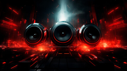 Pulse of Sound: Dynamic music background with speakers, black and red laser color. Generative AI