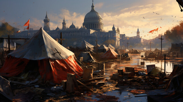 ancient City with tents and garbage. Homeless beggars everywhere. Generative AI 