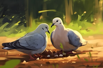 the dove and its chicks are eating the seeds illustration style