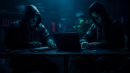 Individuals engaged in cybercrime activities sit in a dimly lit room, concentrating on laptops, Generative AI 