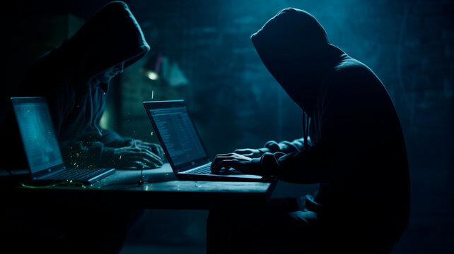 Individuals engaged in cybercrime activities sit in a dimly lit room, concentrating on laptops, Generative AI 