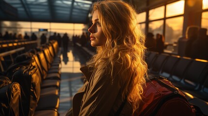 Young woman waits for a long time in the departure hall of the airport, the flight is very delayed, traveling with a backpack
