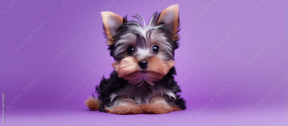 Poster small yorkie puppy alone on purple background studio portrait facing forward isolated pastel backgro