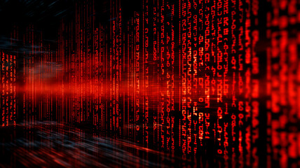 composition featuring vibrant red binary data displayed against a computer screen background, evoking the iconic Matrix style. Generative AI