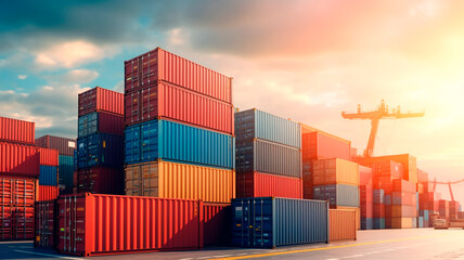 Fototapeta premium A cinematic scene of cargo containers stacking on a ship in a port, representing the import and export of goods in the logistics industry. Generative AI