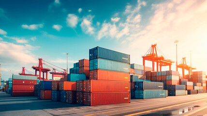 A cinematic scene of cargo containers stacking on a ship in a port, representing the import and export of goods in the logistics industry. Generative AI