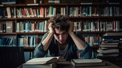 Tired student guy sitting in the library with his hands around his head. illustration of fatigue from the heavy load of studying. Generative AI - obrazy, fototapety, plakaty