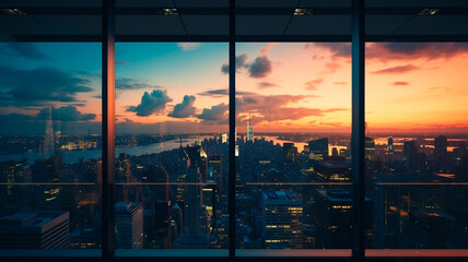 A photograph of the interaction of light at sunset through the window of a skyscraper. Generative AI