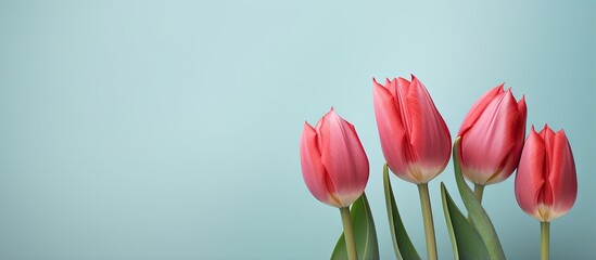Three red tulips against isolated pastel background Copy space