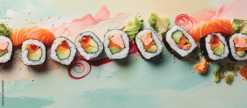 Poster shrimp wrapped sushi with tuna cucumber omelette and cream cheese delicious isolated pastel backgrou