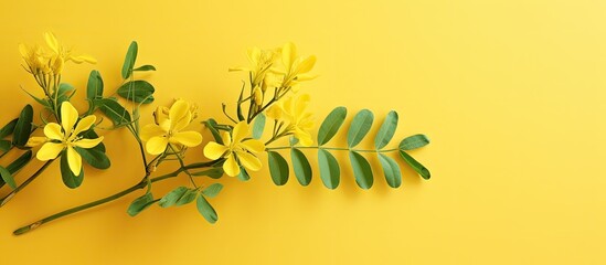 Senna leaflets derived from Cassia senna L are commonly used for occasional constipation isolated pastel background Copy space - obrazy, fototapety, plakaty
