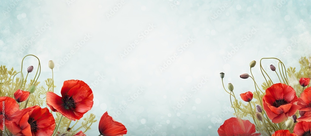 Poster red poppy bouquet with text space wild field flowers empty background isolated pastel background cop