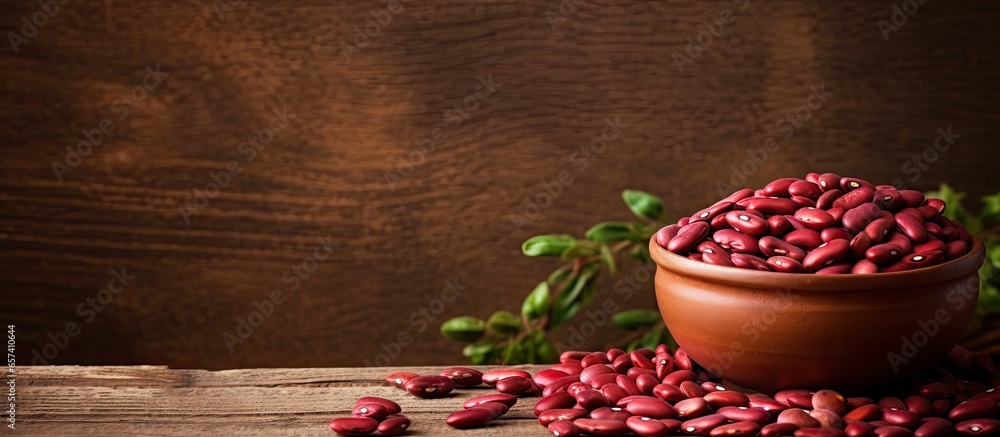 Poster Selective focus on dry adzuki beans in clay bowl on isolated pastel background Copy space en table some in focus some not