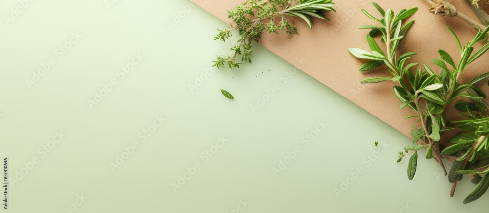 Poster thyme spice on a isolated pastel background copy space