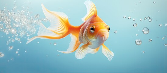 Shimmering goldfish leaping from dark water isolated pastel background Copy space - obrazy, fototapety, plakaty