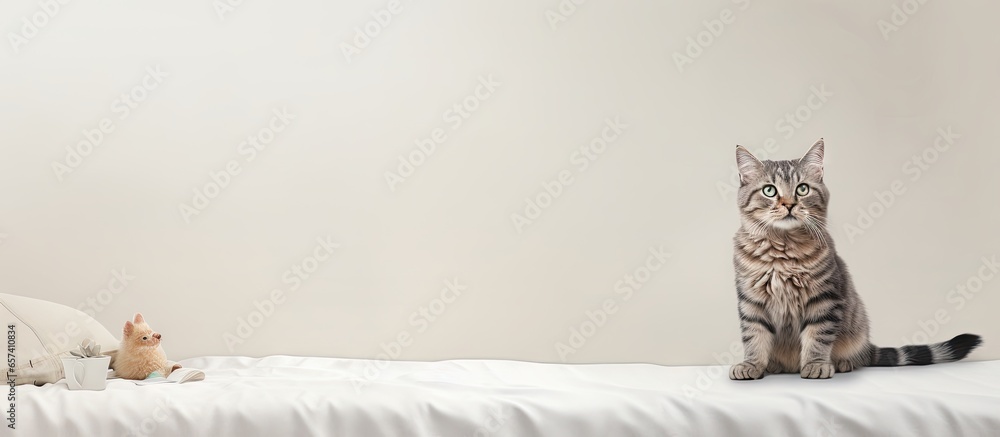 Poster tomcat perched on the mattress isolated pastel background copy space