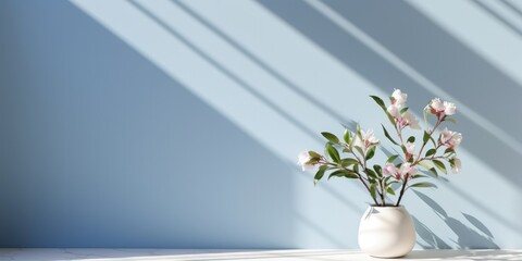 minimalistic light background with blurred foliage shadow on a light blue wall, generative AI