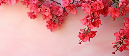 Red and pink bougainvillea flowers scattered on a isolated pastel background Copy space isolated bouquet