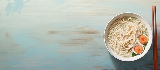 Ramen noodles on a bamboo mat with chopsticks isolated pastel background Copy space