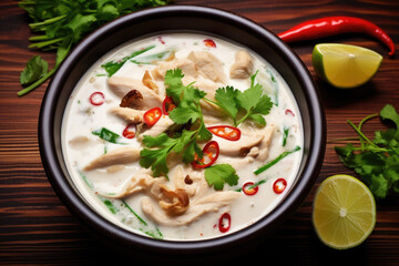 Fototapeta na wymiar A delightful bowl of tom kha gai, a creamy and aromatic chicken coconut soup