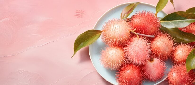 Rambutan design on plate isolated pastel background Copy space