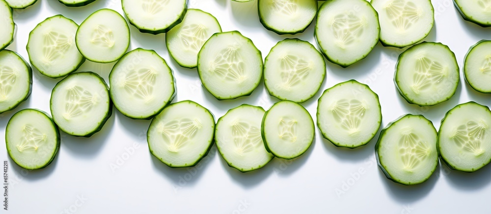 Poster Slices of cucumber on isolated pastel background Copy space