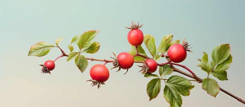 Three isolated rose hip berries with a leaf isolated pastel background Copy space