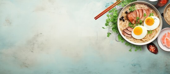 Top view of pork egg and chives in two ramen bowls isolated pastel background Copy space