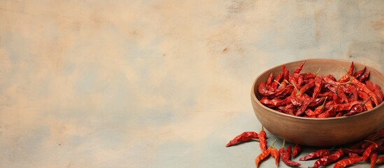 Red chillies dried in bowl isolated pastel background Copy space