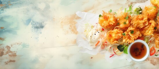 Recipe for crispy vegetable tempura also known as vegetable fritters isolated pastel background Copy space
