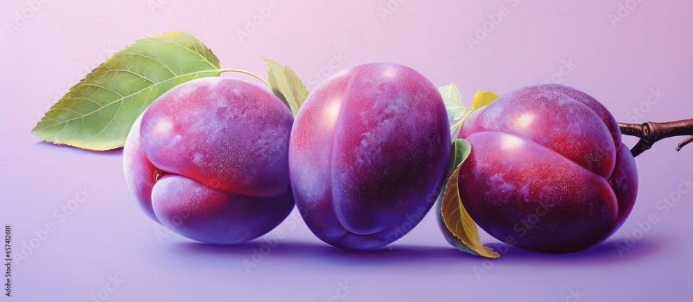 Poster plums with sliced plums on a isolated pastel background copy space