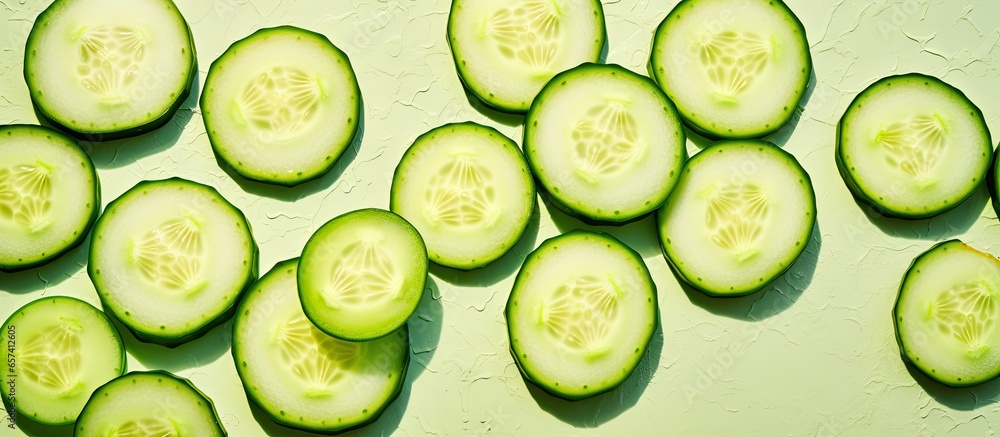 Poster Slices of cucumber on isolated pastel background Copy space