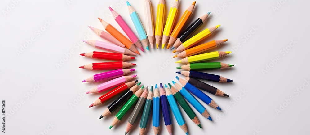 Poster Round frame containing a set of colorful drawing tools scattered on a isolated pastel background Copy space