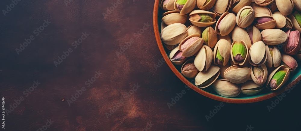 Poster pistachios displayed on a dark isolated pastel background copy space