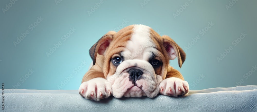 Poster portrait of adorable english bulldog puppy in a basket captured in a studio with a isolated pastel b