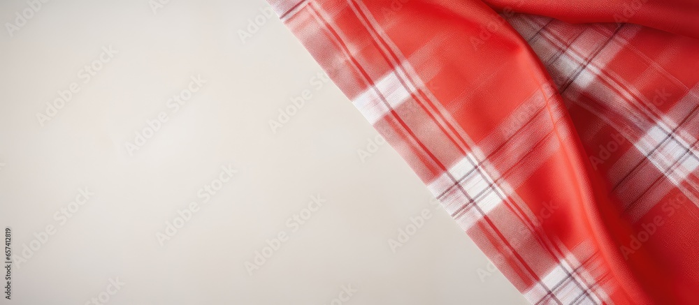 Aufkleber top view of isolated pastel background copy space with red and white scotch pattern fabric and avail
