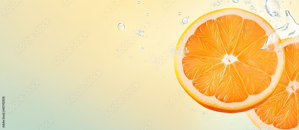 Poster tangerine illustration on isolated pastel background copy space falling background