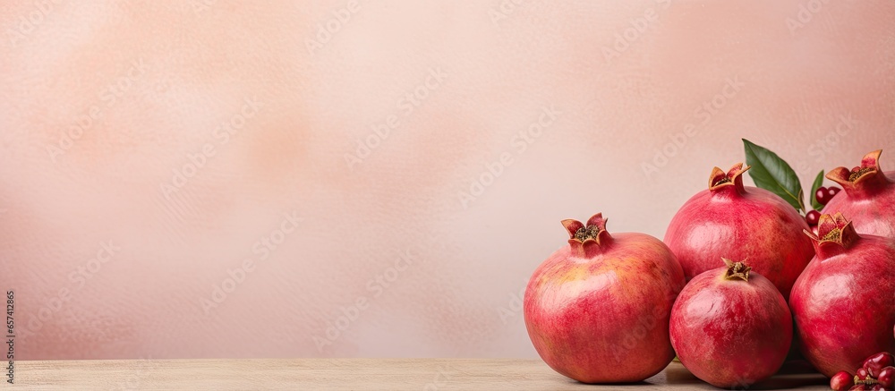 Poster pomegranates on isolated pastel background copy space ready for text