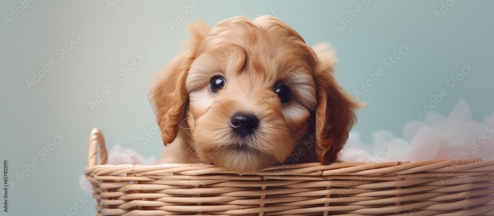 Poster portrait of adorable english bulldog puppy in a basket captured in a studio with a isolated pastel b