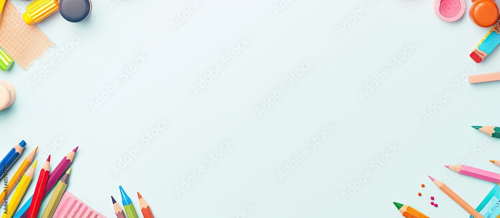 Poster Top view of flat lay with school supplies in a frame isolated pastel background Copy space