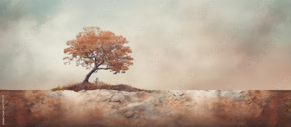 Poster the tree on the dark soil mound isolated pastel background copy space
