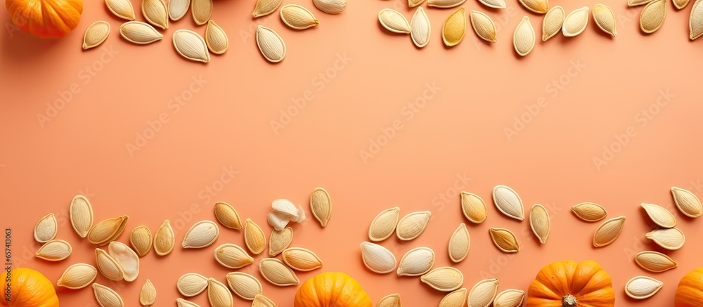 Wall mural pumpkin seeds on a isolated pastel background copy space