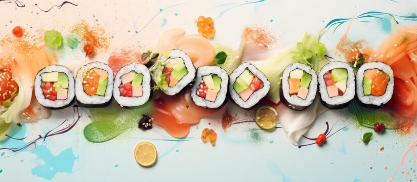 Shrimp wrapped sushi with tuna cucumber omelette and cream cheese delicious isolated pastel background Copy space