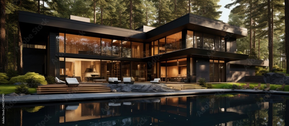 Poster luxurious modern house with pool visualized in a forest setting