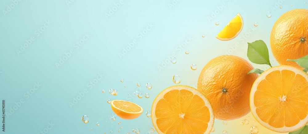 Poster tangerine illustration on isolated pastel background copy space falling background