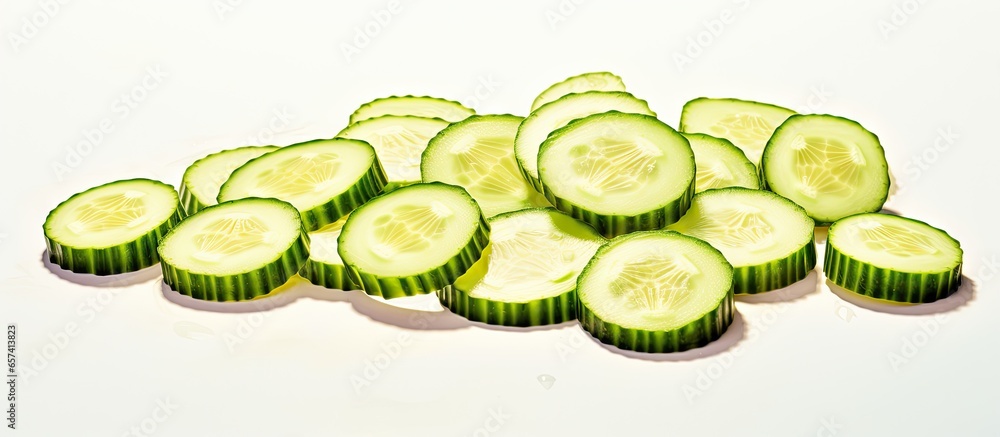 Poster Slices of cucumber on isolated pastel background Copy space