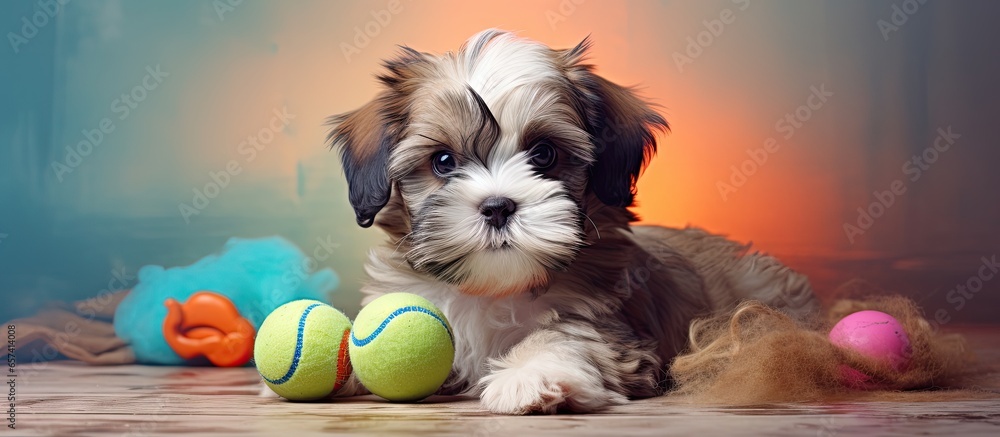 Poster puppy and toy playing isolated pastel background copy space
