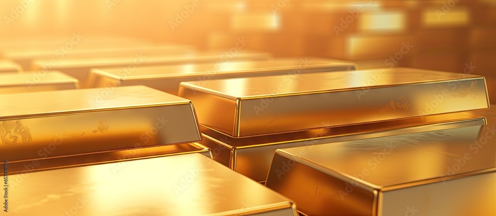 Poster Shiny gold bars stacked up with light reflection isolated on a isolated pastel background Copy space